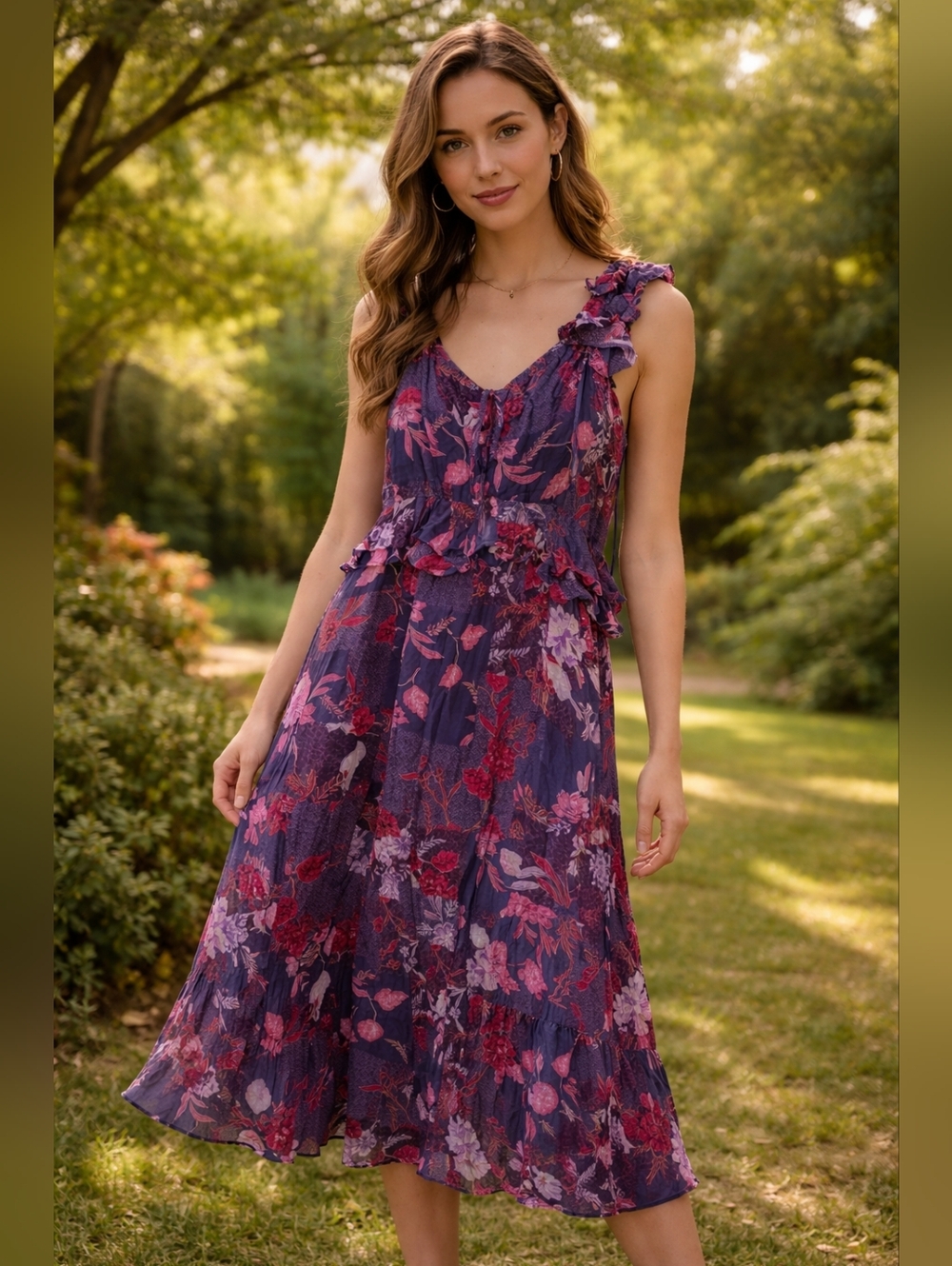 Sophia Vergara Purple Floral V-Neck Midi Dress